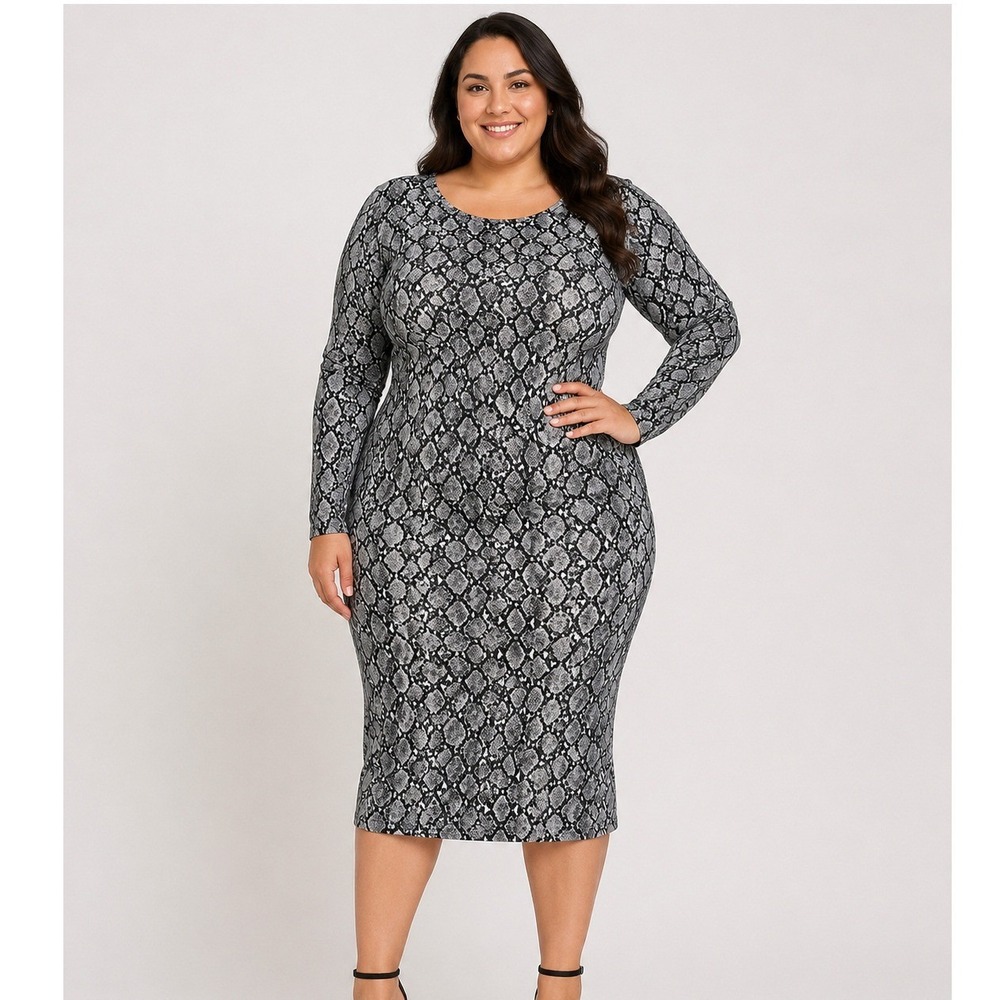 Fashion Nova Savannah Grey Snakeskin Long Sleeve Midi Dress 1X NWT‎